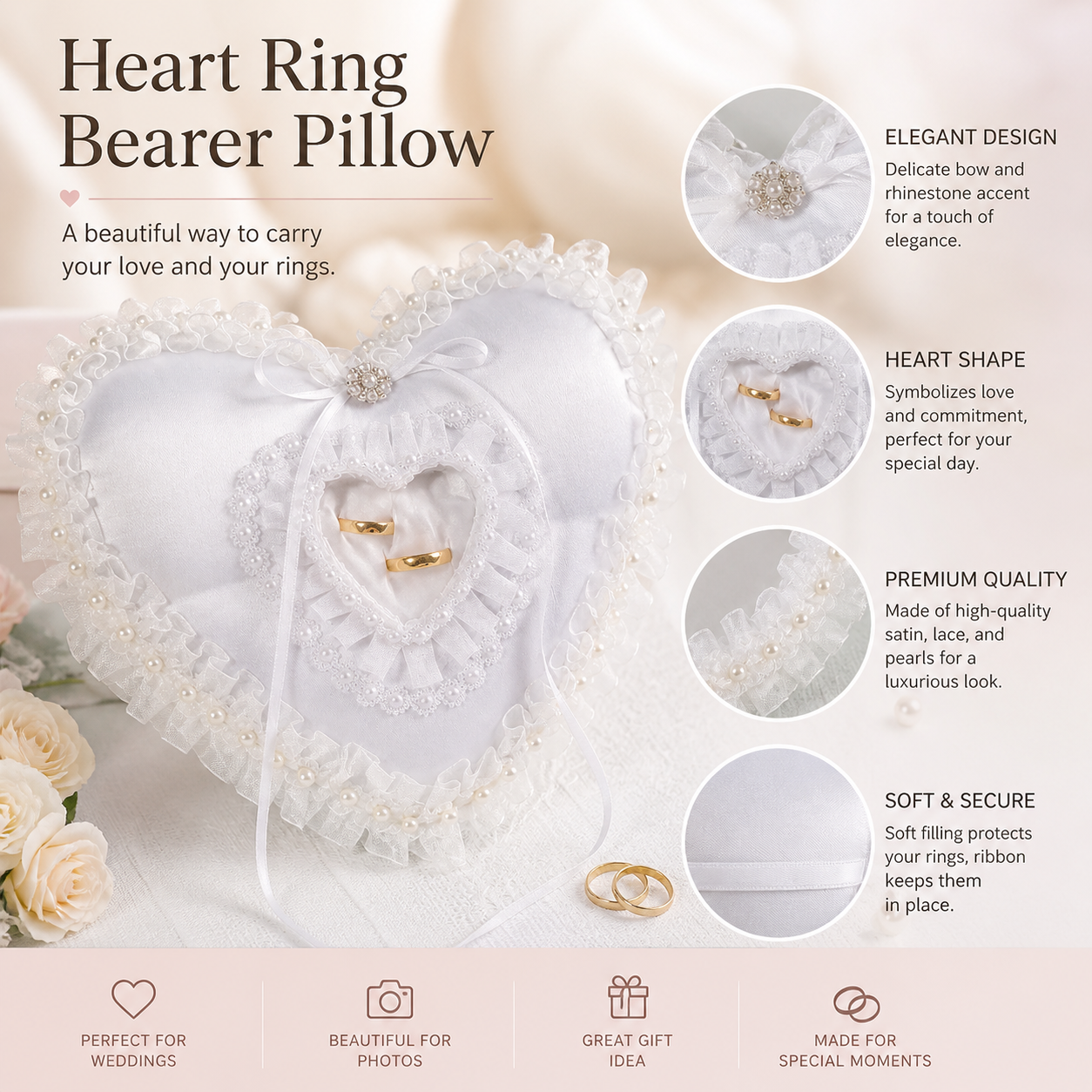 White Heart Shaped Wedding Rin – Ring Bearer Pillow recenzja i cena
