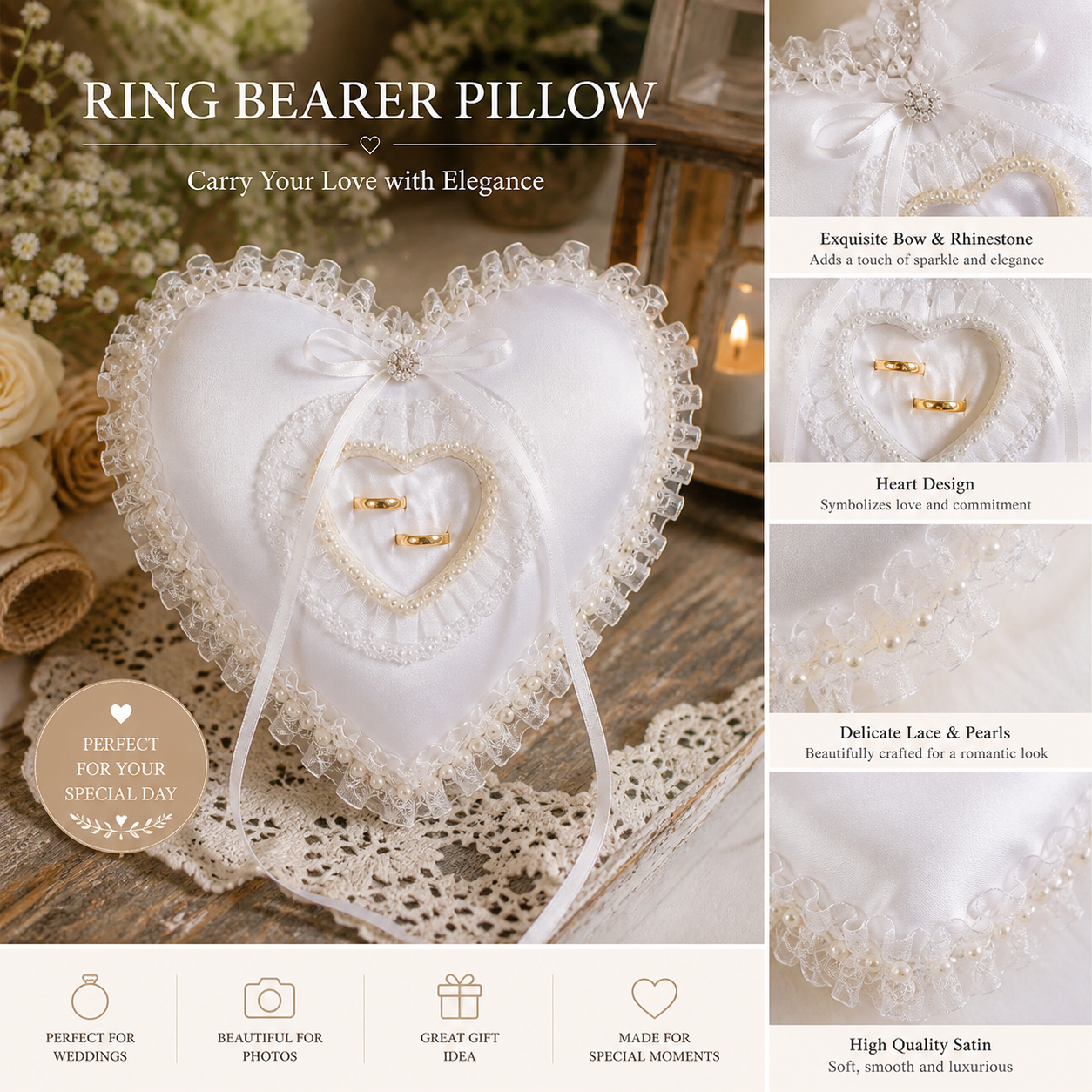 White Heart Shaped Wedding Rin – Ring Bearer Pillow recenzja i cena